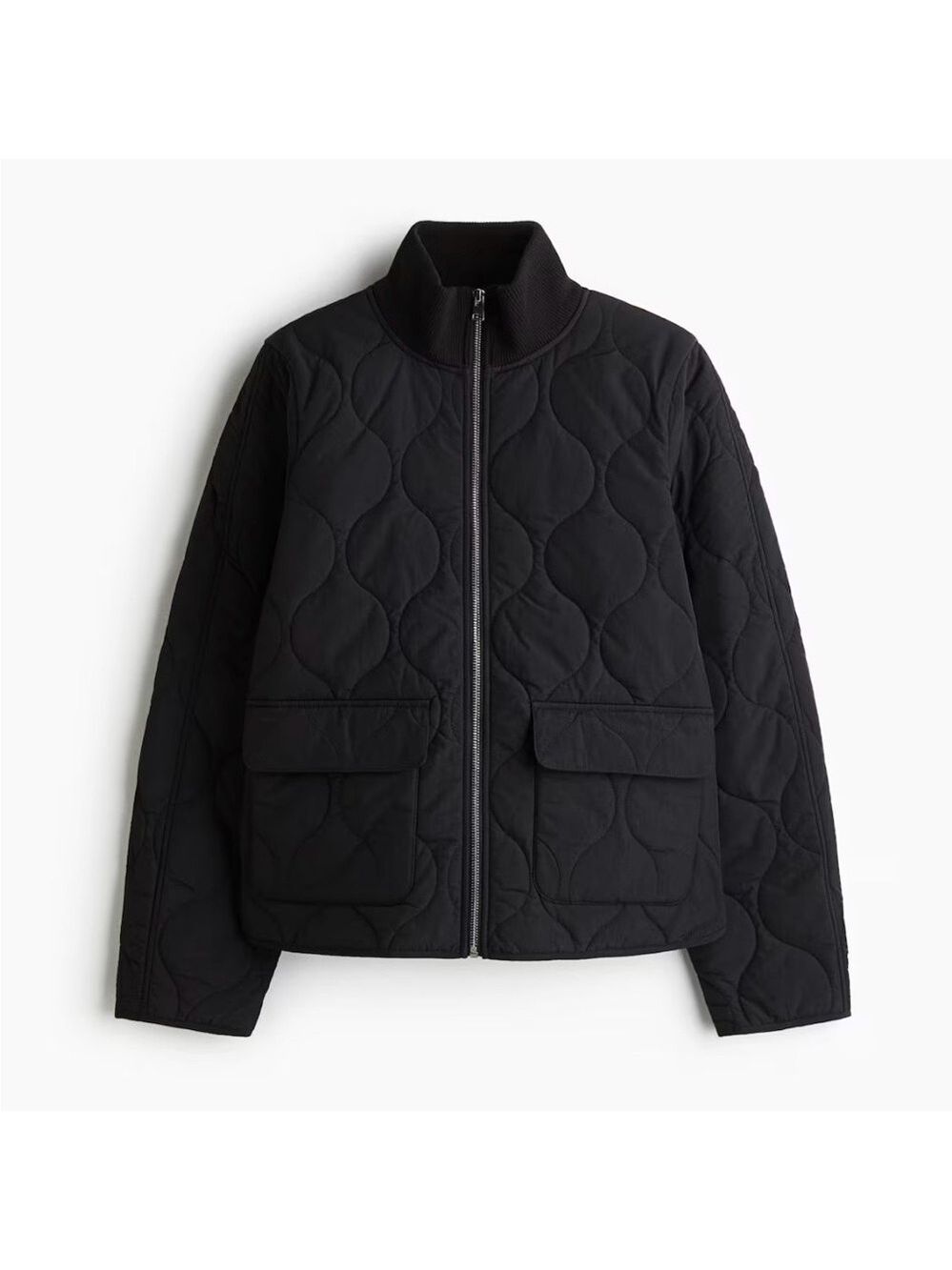 Oversized Funnel Neck Black Quilted zip Front Jacket loose fit womens sz xs